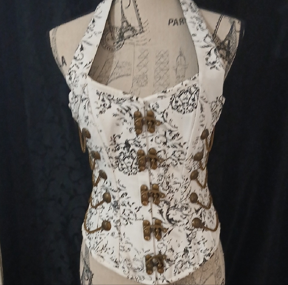 Authentic Steamfpunk Black and White Corset with Antique Brass Hardware